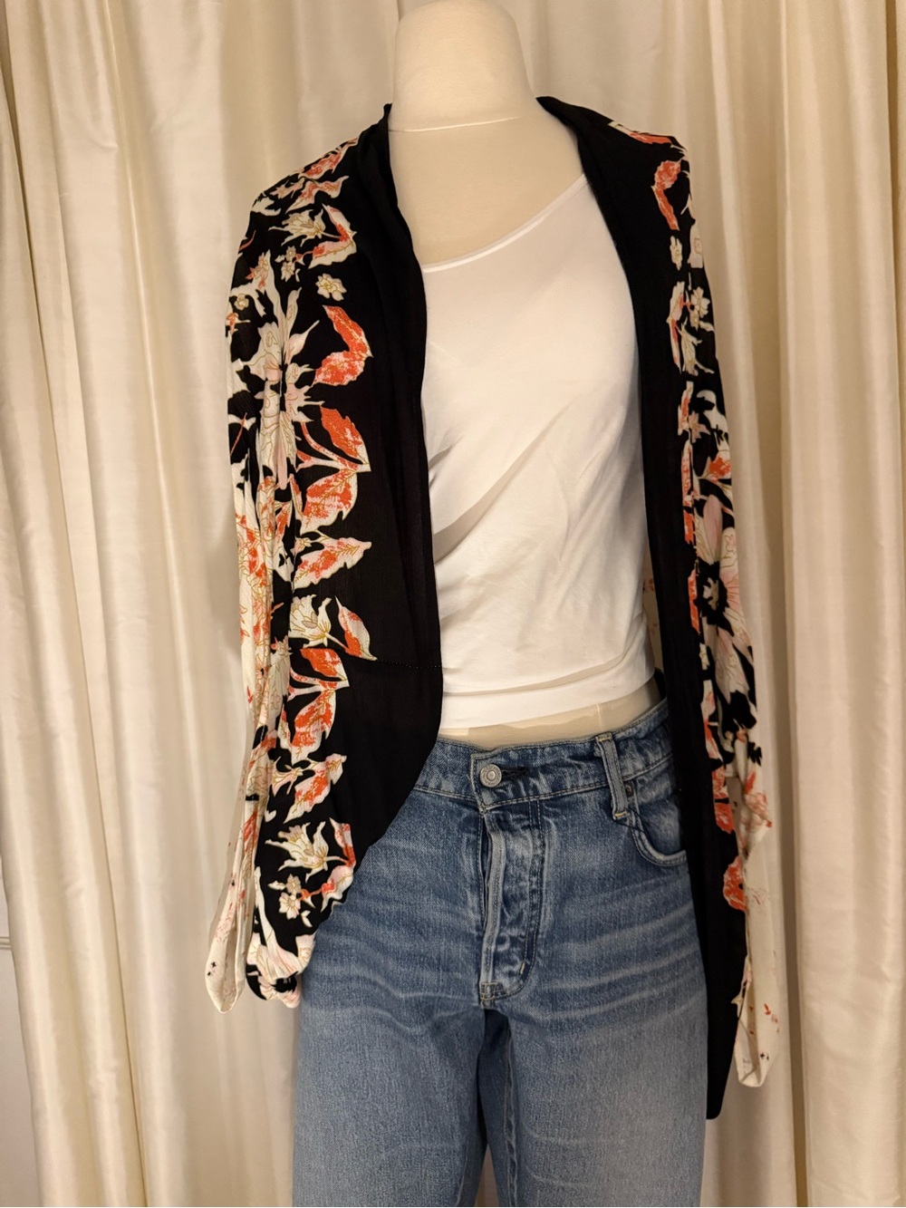 Anthropologie Black Floral Open-Front Kimono